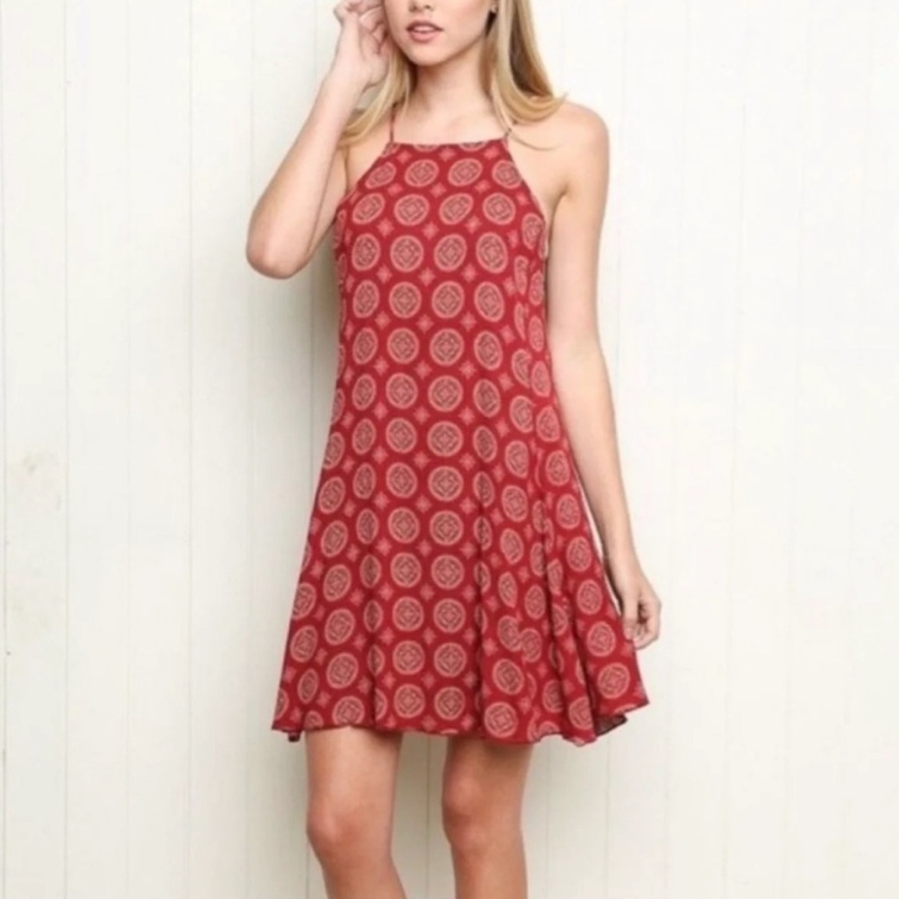 Brandy Melville Red Printed Halter Swing Dress